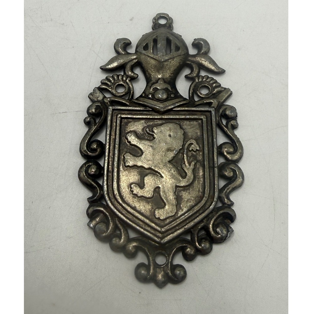 Vintage Silver Tone Heraldic Lion Shield Knight Helmet Crest Pendant 4.5 Inch